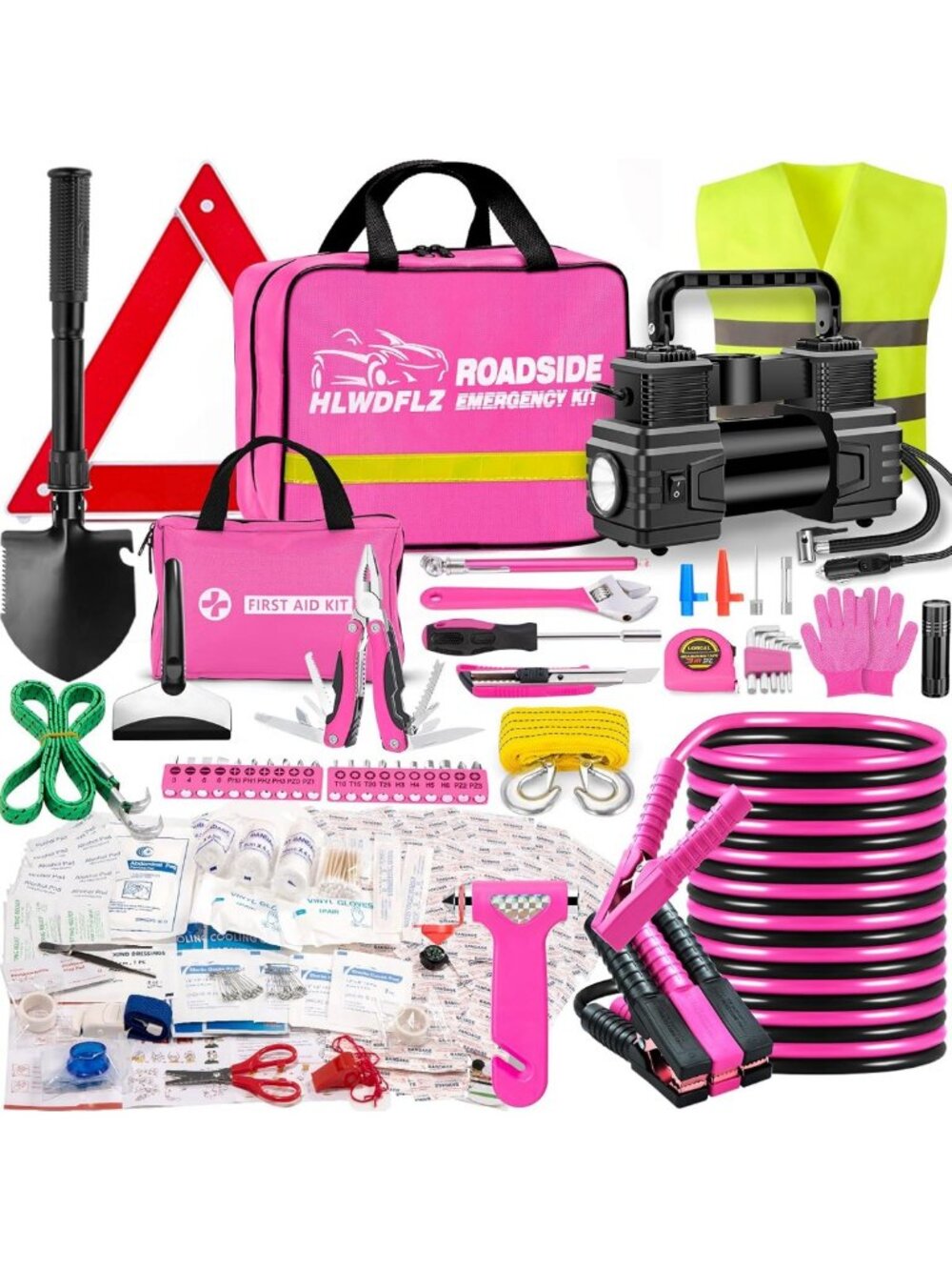 Emergency Roadside Kit with Air Compressor, Jumper Cables & First Aid - Winter